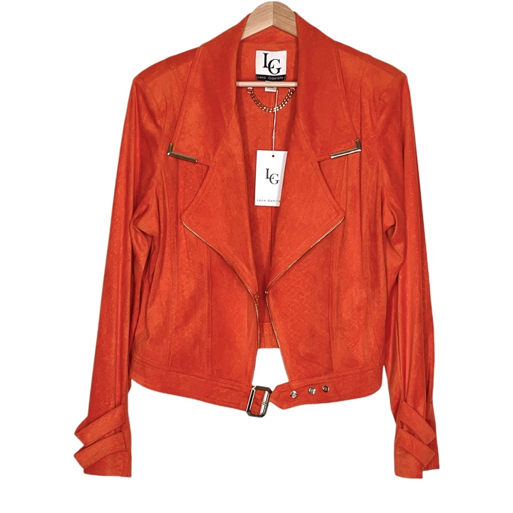LENA GABRIELLE Faux Suede Moto Novelty Jacket in Orange Size 14 NWT